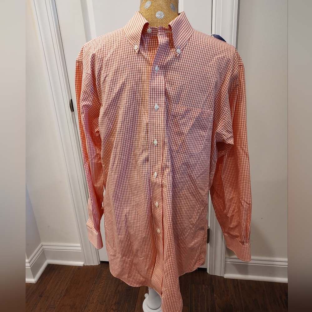 Brooks Brothers Regent salmon orange gingham button down long sleeve. 16.5 x 33